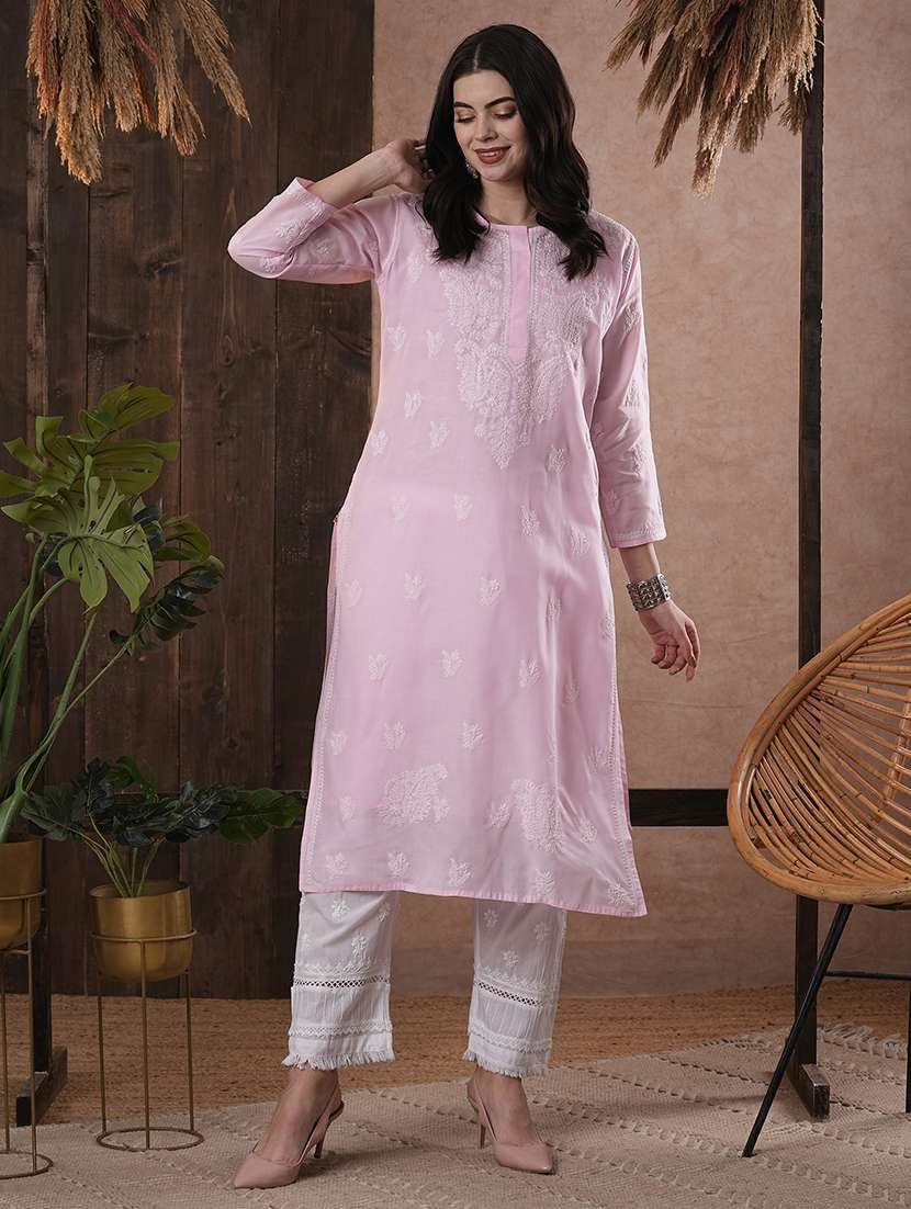 women three quarter sleeve straight chikankari kurta - 21740705 - Standard Image - 1