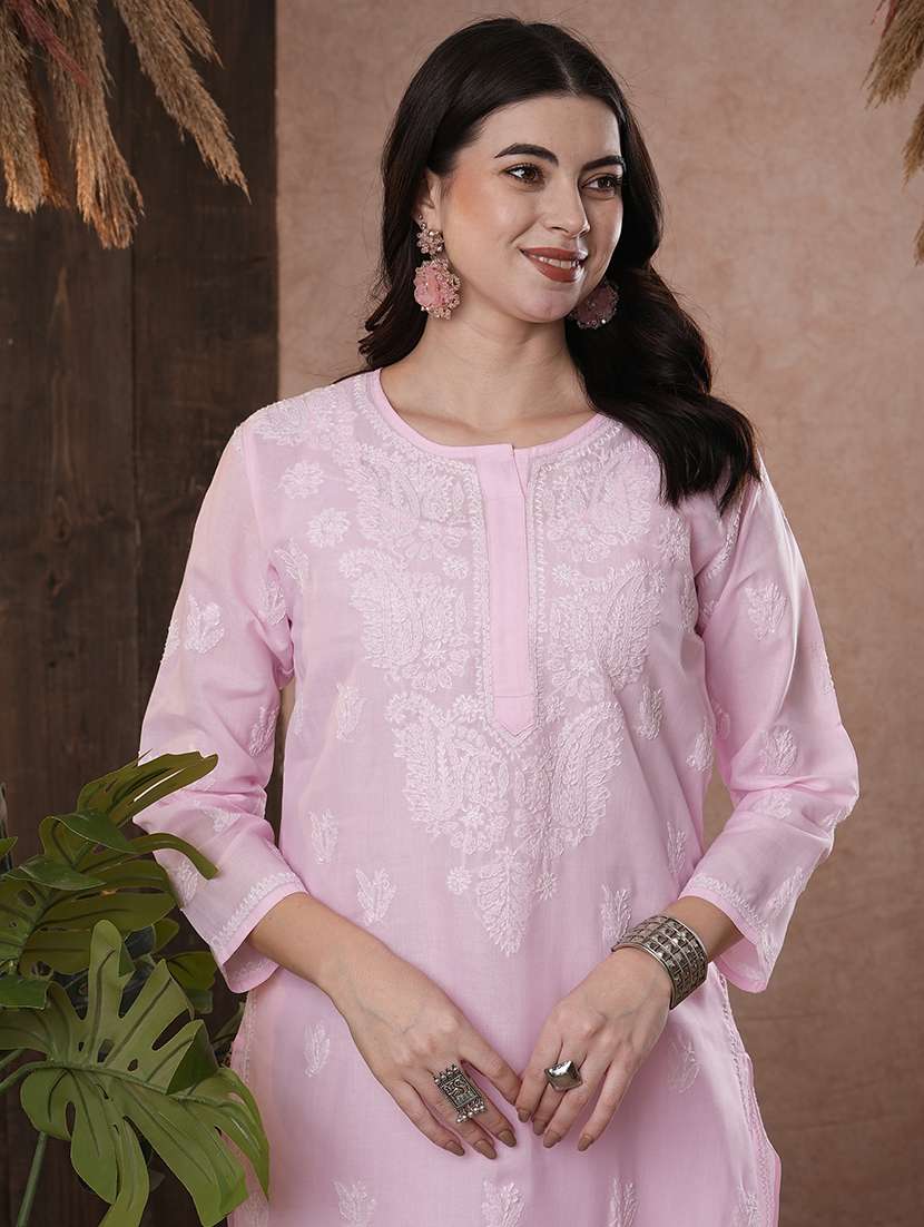 women three quarter sleeve straight chikankari kurta - 21740705 - Standard Image - 4