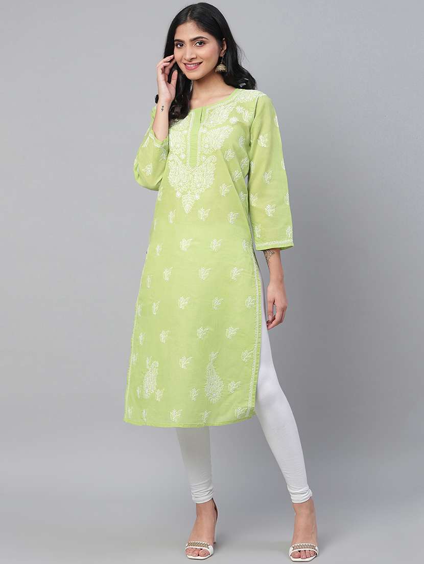women three quarter sleeve straight chikankari kurta - 21740711 - Standard Image - 1