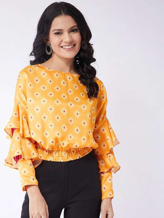 women printed bell sleeves blouson top