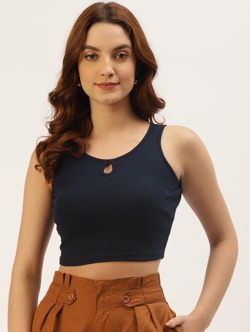 blue cotton women solid sleeveless crop tank top - 21740800 -  Standard Image - 0