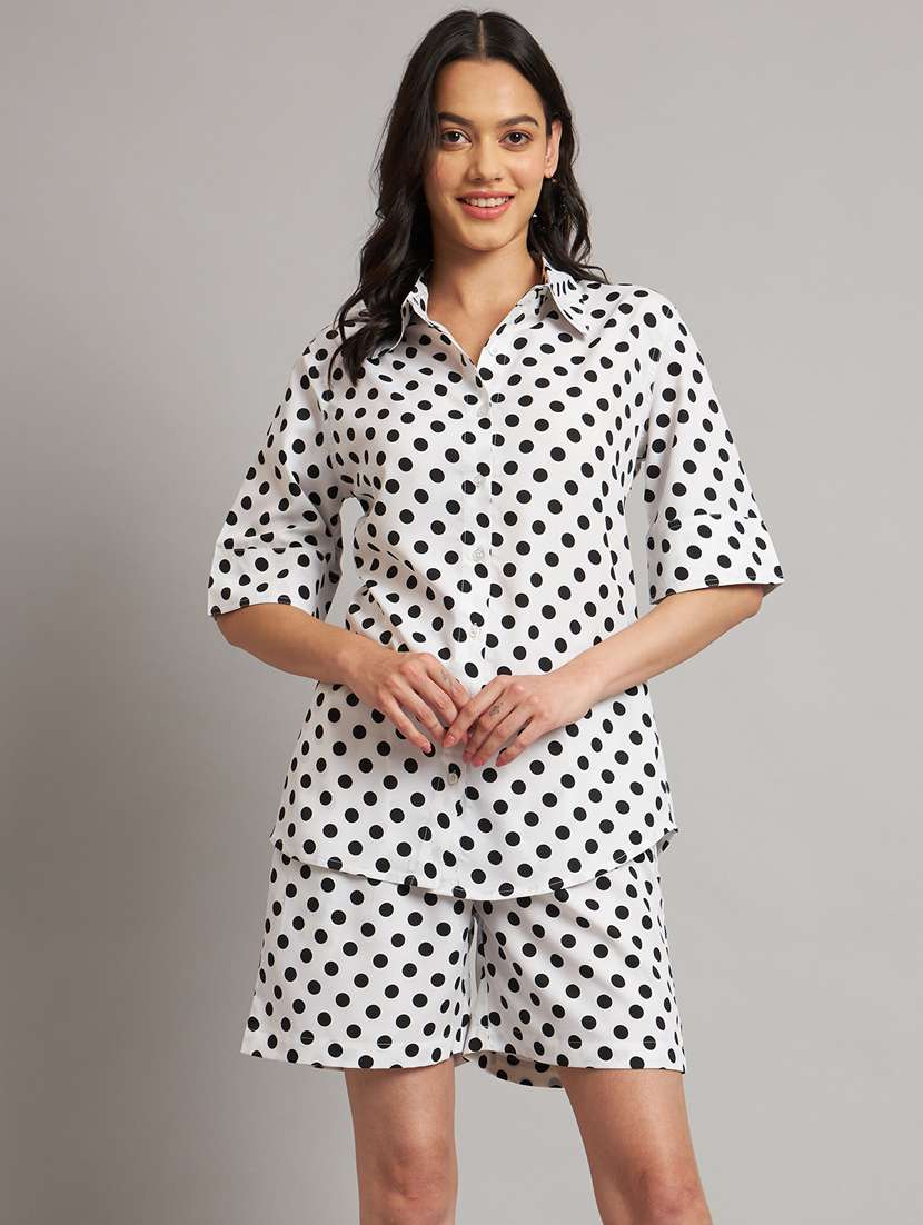 women polka doted shirt and shorts co-ord set
