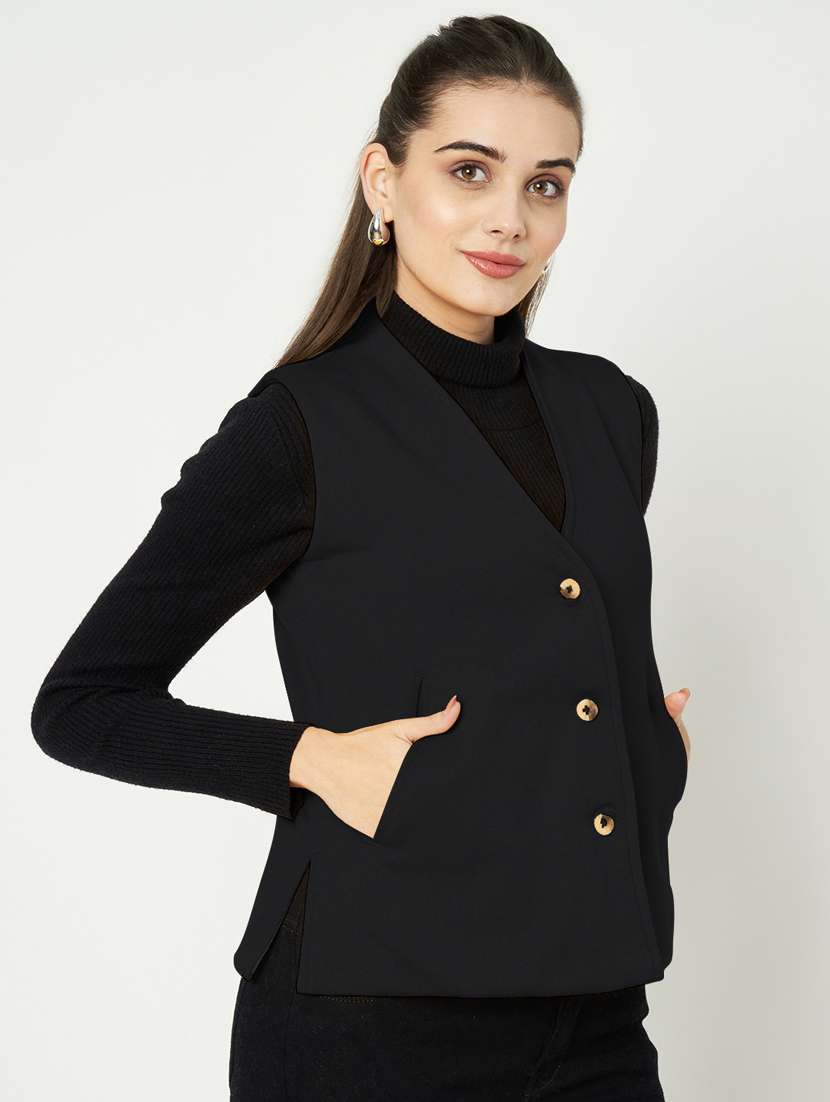 women solid sleeveless waist coat - 21740899 -  Standard Image - 1