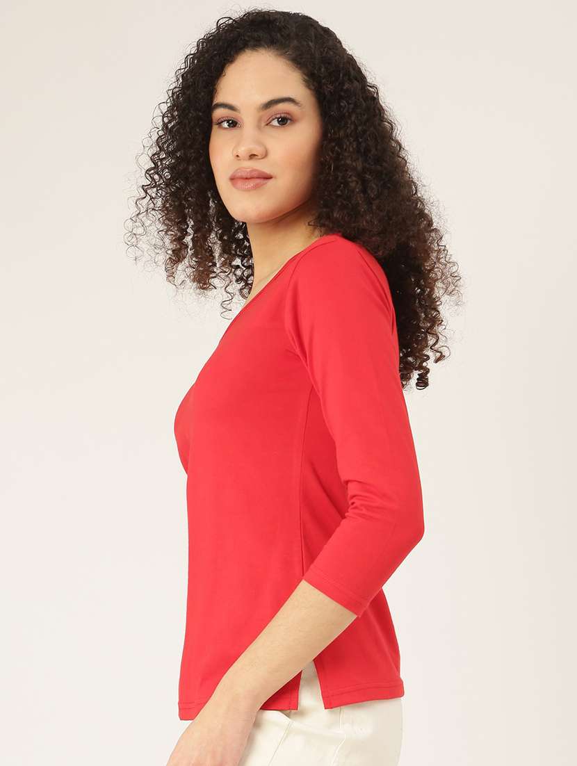 women solid three quarter sleeves regular t-shirt - 21740939 -  Standard Image - 1