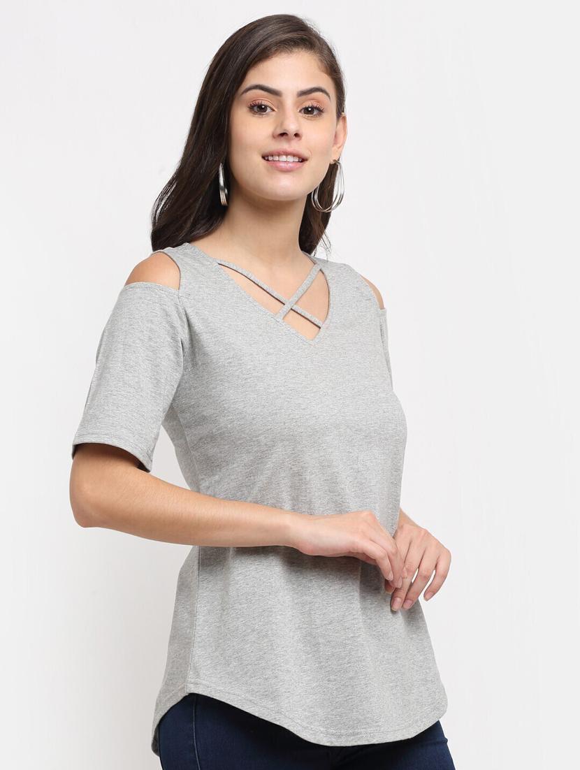 women solid cold shoulder top - 21741026 - Standard Image - 1
