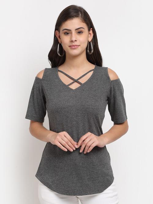 women solid cold shoulder top - 21741027 - Standard Image - 0