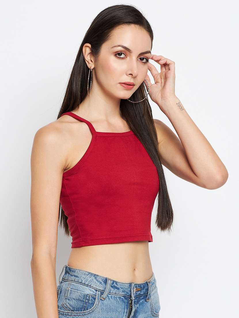 maroon cotton blend crop top - 21741061 -  Standard Image - 1