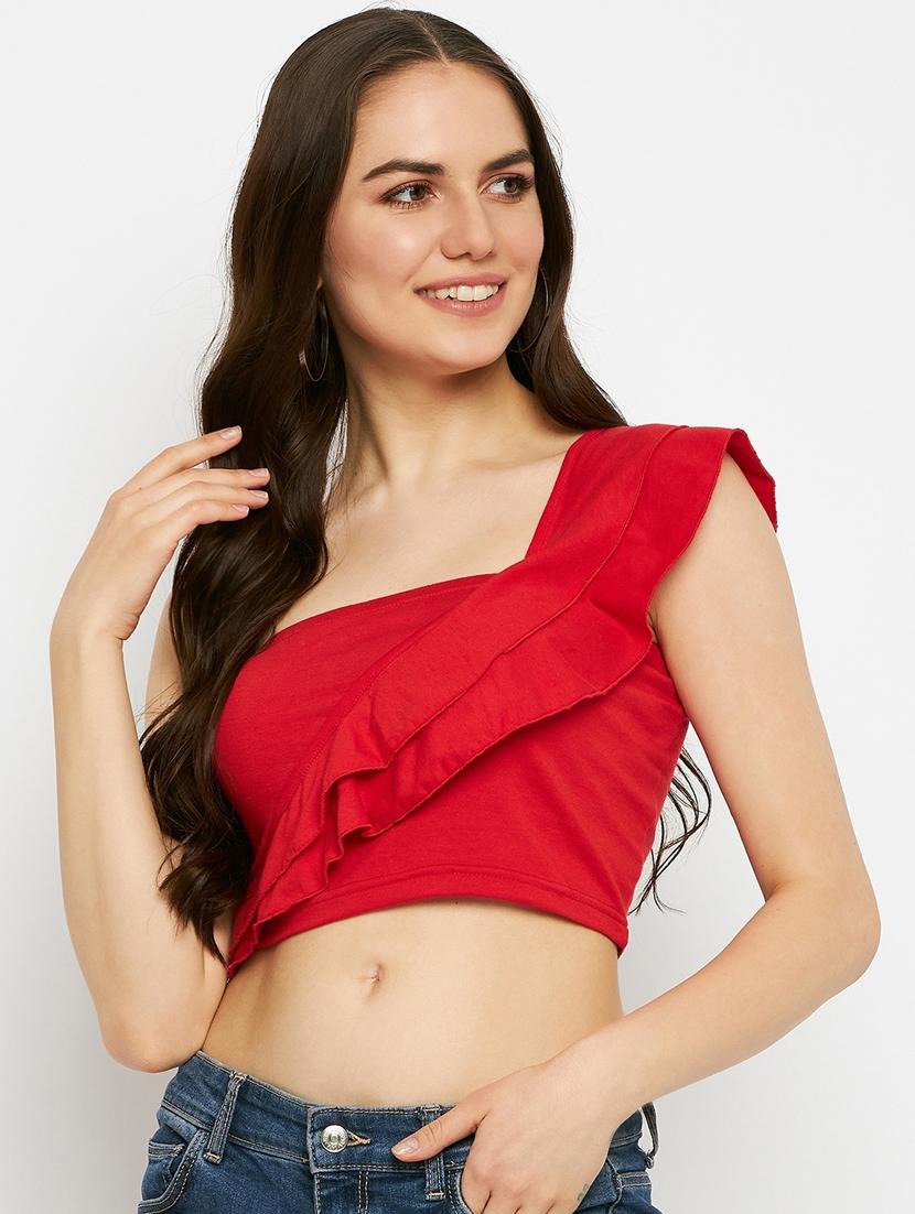 women solid single shoulder crop top - 21741094 - Zoom Image - 0