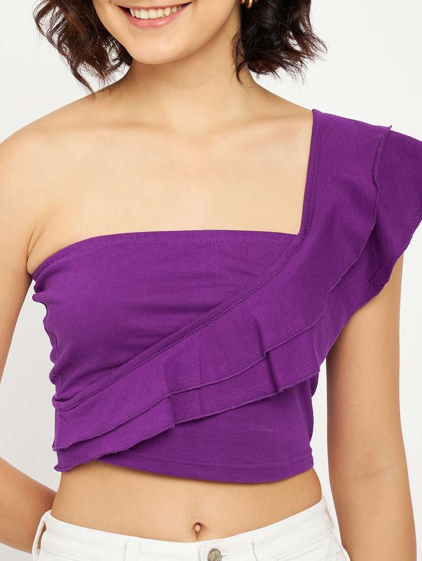 women solid single shoulder crop top - 21741095 -  Standard Image - 4