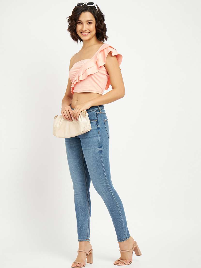 women solid single shoulder crop top - 21741096 -  Standard Image - 4