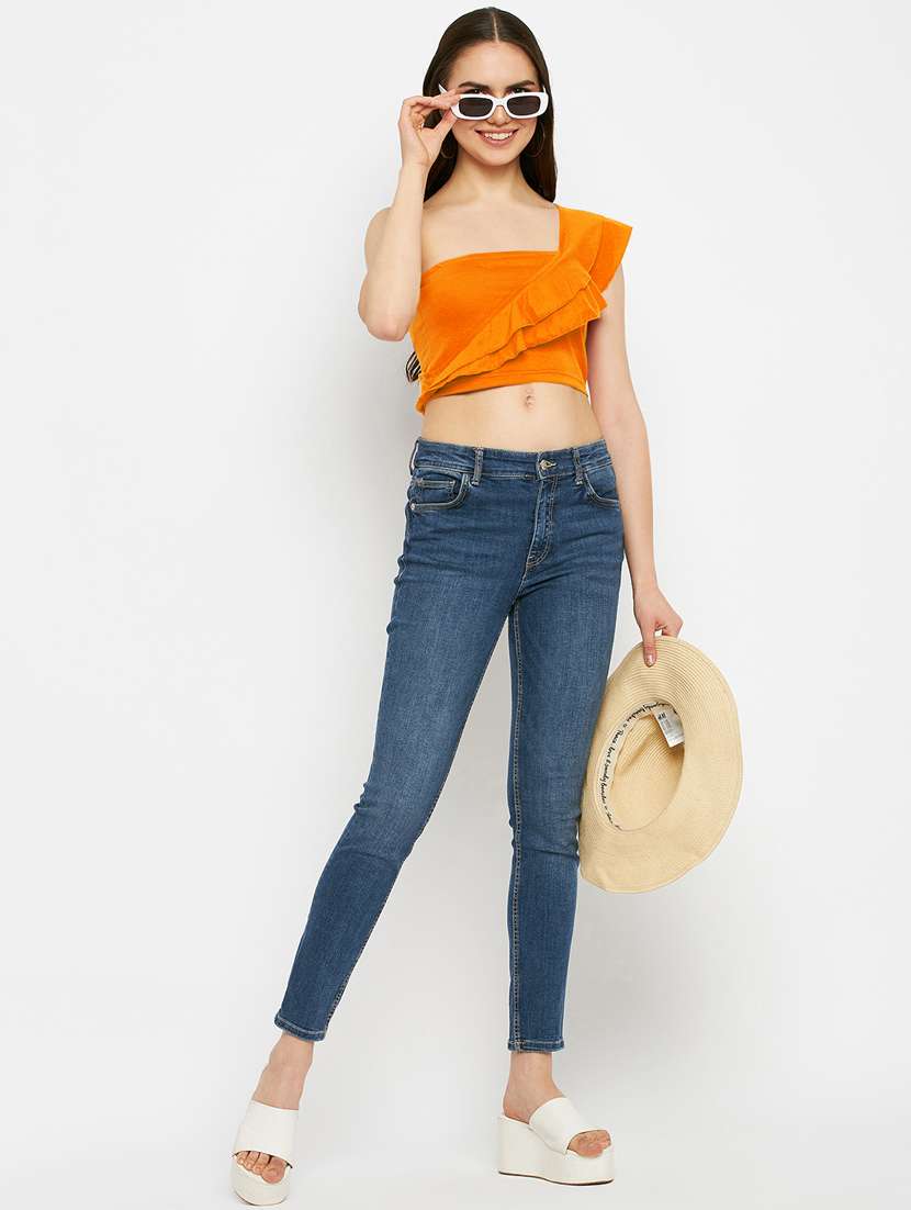 women solid single shoulder crop top - 21741097 - Standard Image - 4