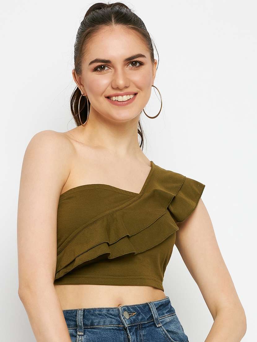women solid single shoulder crop top