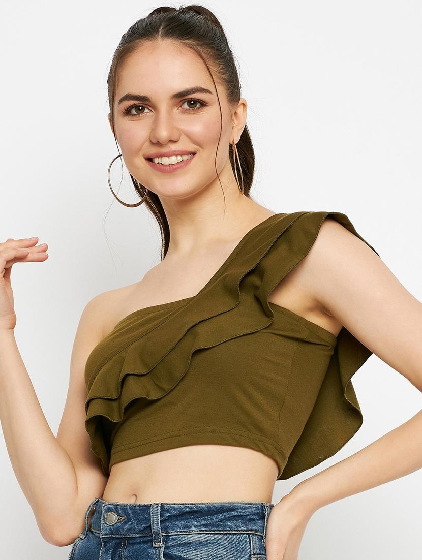 women solid single shoulder crop top - 21741098 - Standard Image - 1
