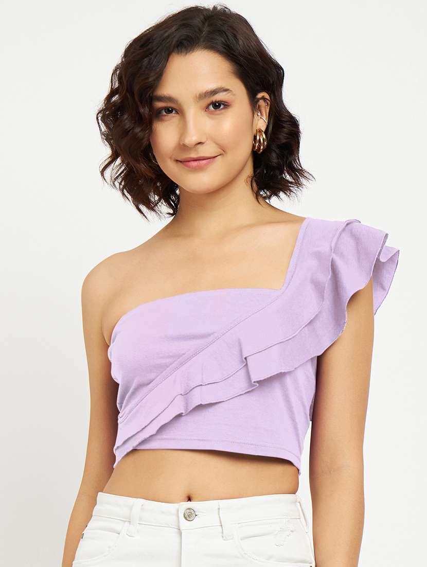 women solid single shoulder crop top - 21741100 - Zoom Image - 0