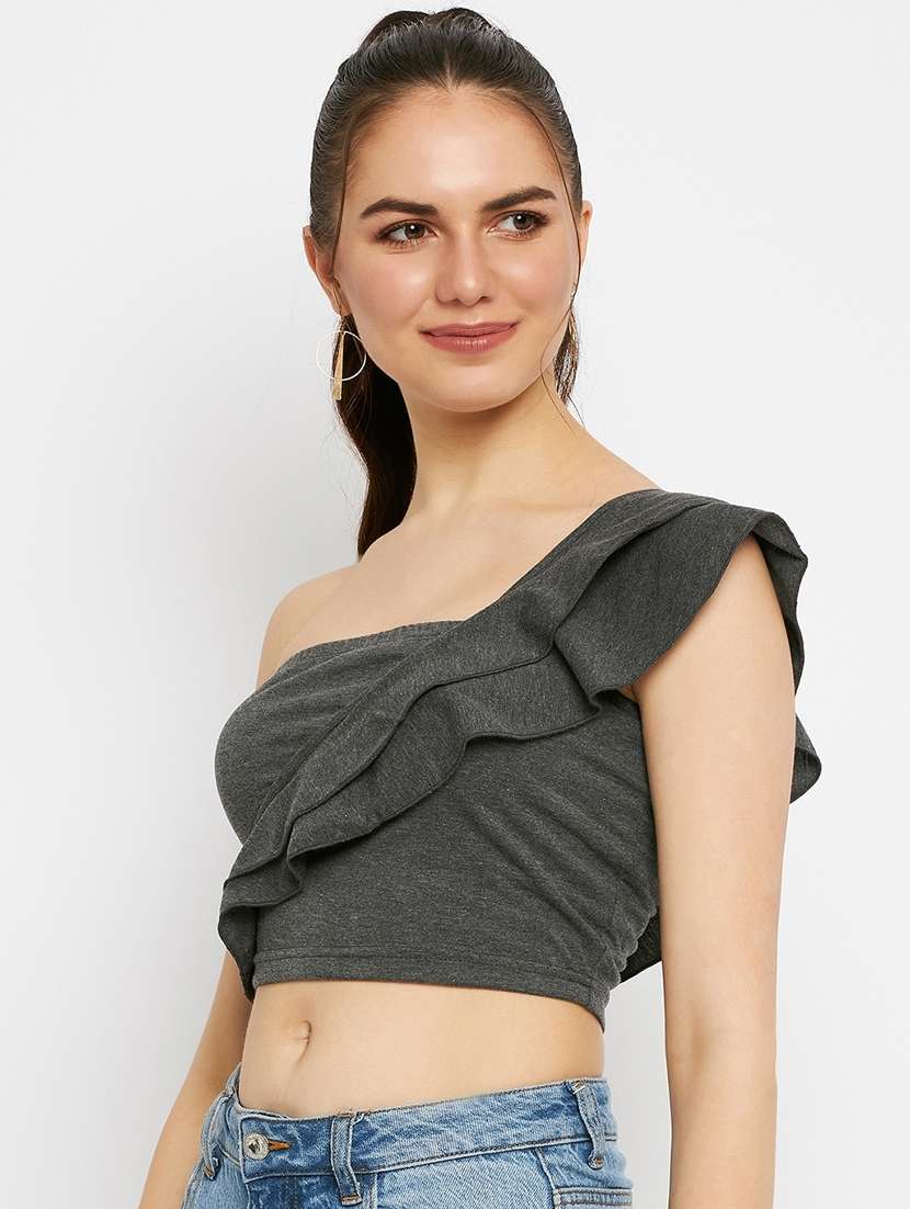 women solid single shoulder crop top - 21741101 -  Standard Image - 1