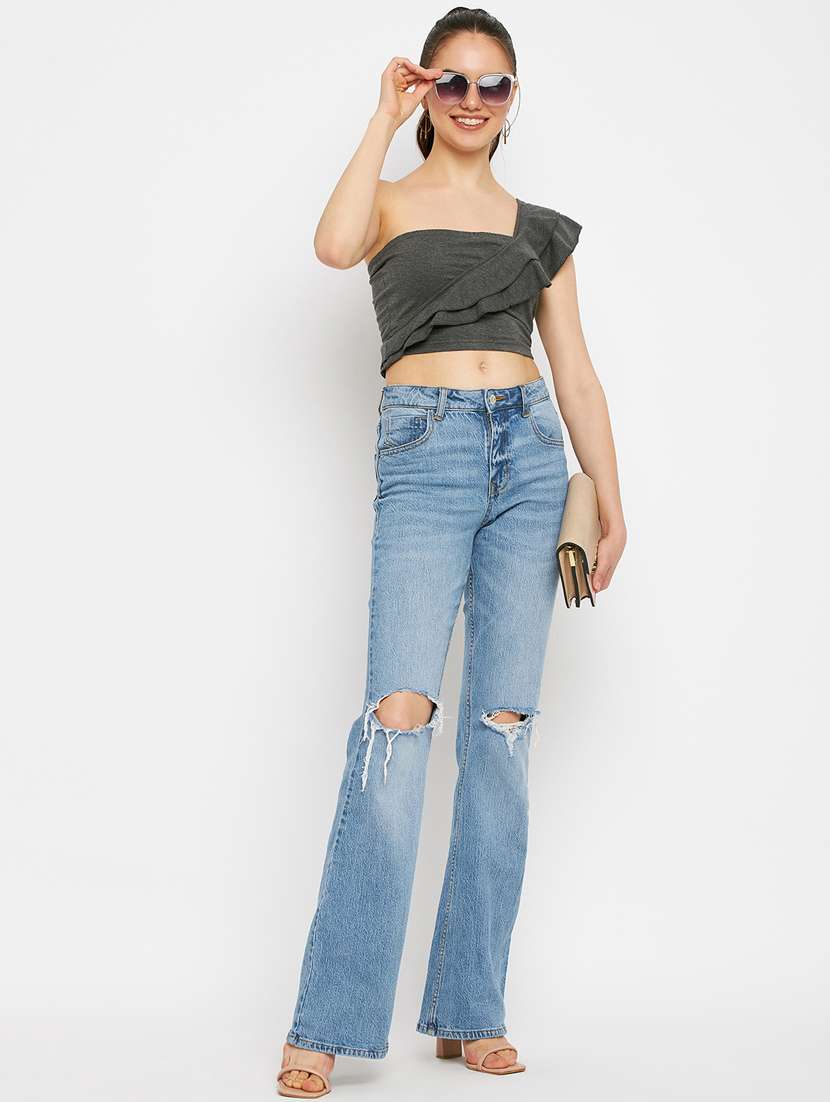 women solid single shoulder crop top - 21741101 - Standard Image - 4