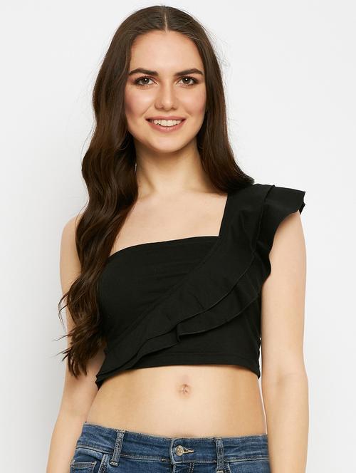 women solid single shoulder crop top - 21741102 - Standard Image - 0