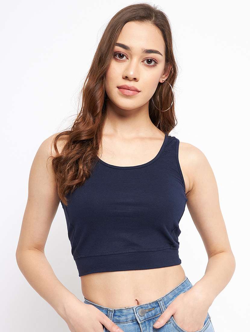 navy blue cotton blend crop top - 21741133 - Zoom Image - 0