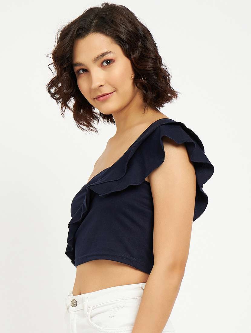 women solid one shoulder crop top - 21741180 -  Standard Image - 1