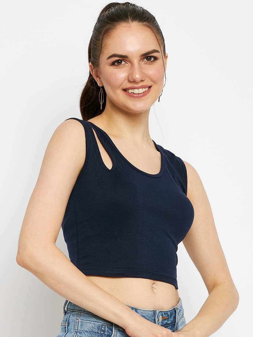 women solid cut out crop top - 21741197 -  Standard Image - 1