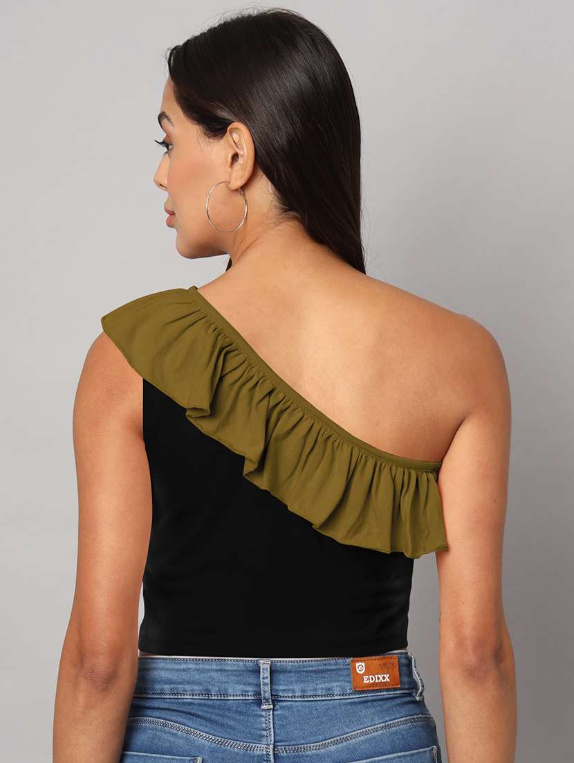 women color block single shoulder crop top - 21741215 -  Standard Image - 4
