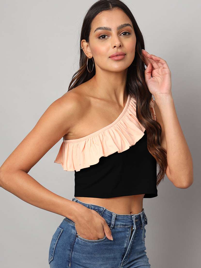 women color block single shoulder crop top - 21741216 -  Standard Image - 1