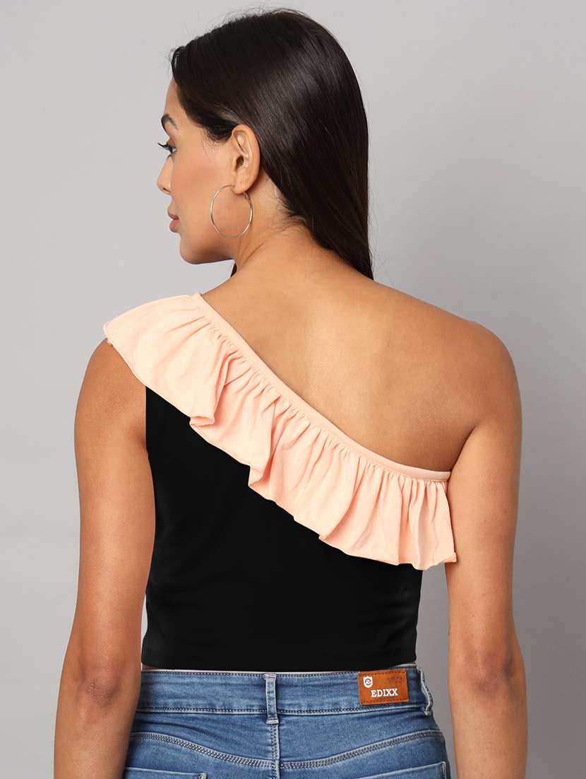 women color block single shoulder crop top - 21741216 -  Standard Image - 4