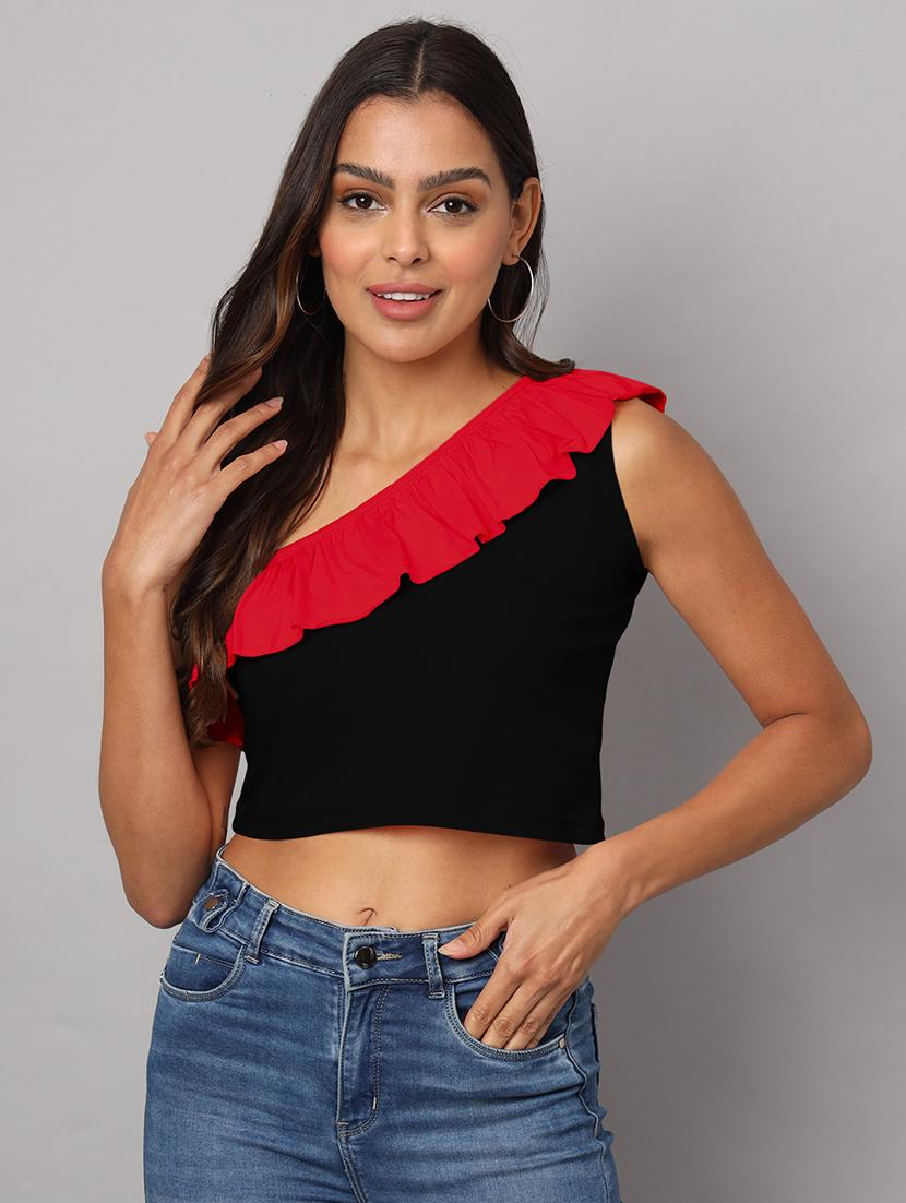women color block single shoulder crop top - 21741217 - Zoom Image - 0