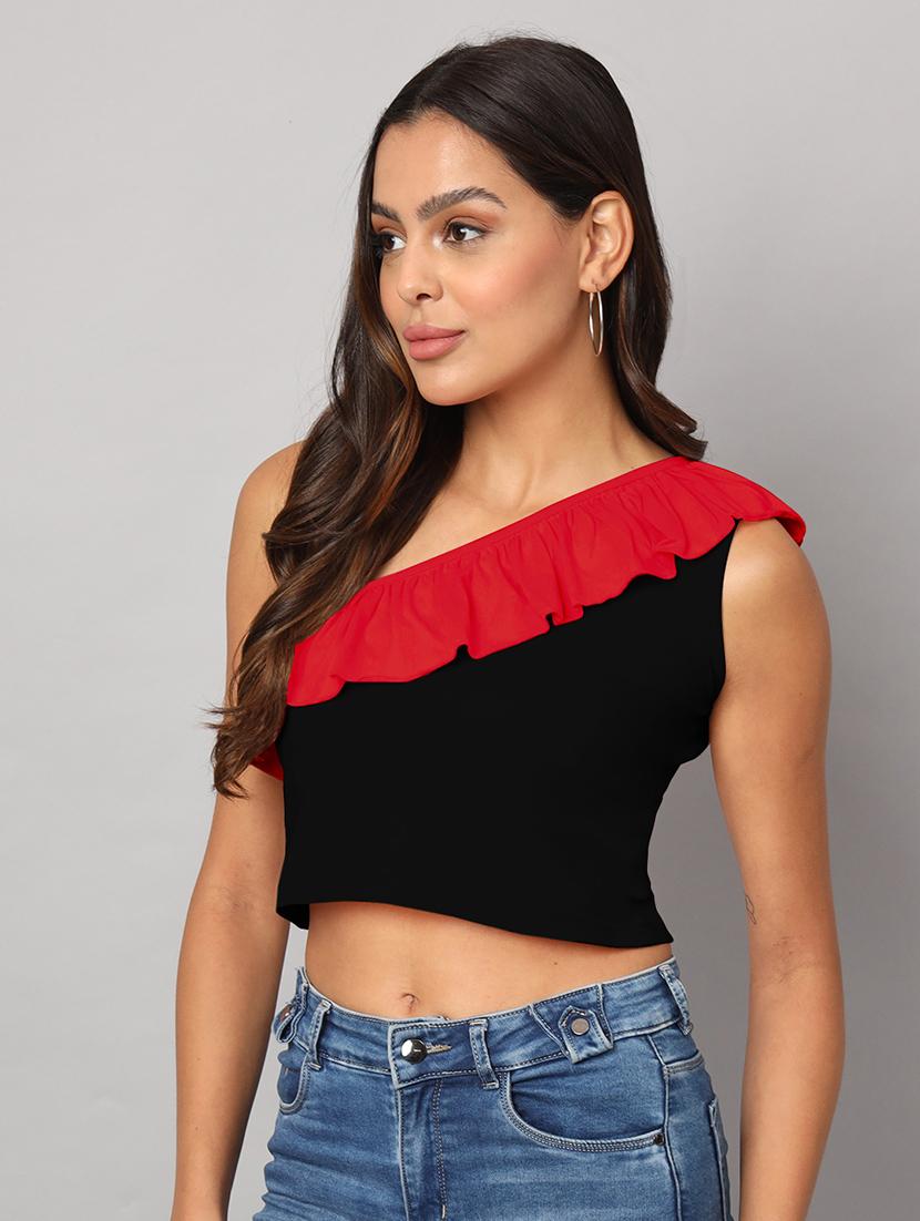 women color block single shoulder crop top - 21741217 - Standard Image - 1