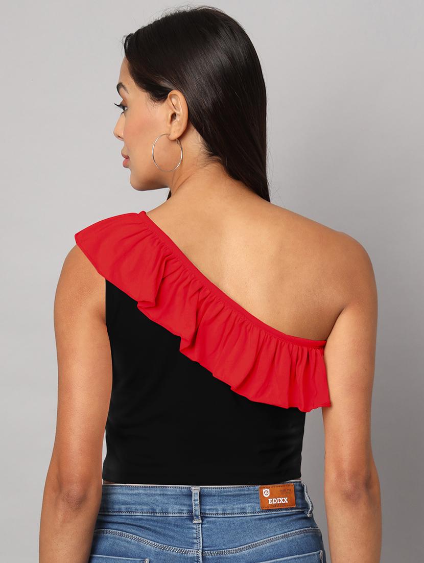 women color block single shoulder crop top - 21741217 - Standard Image - 4