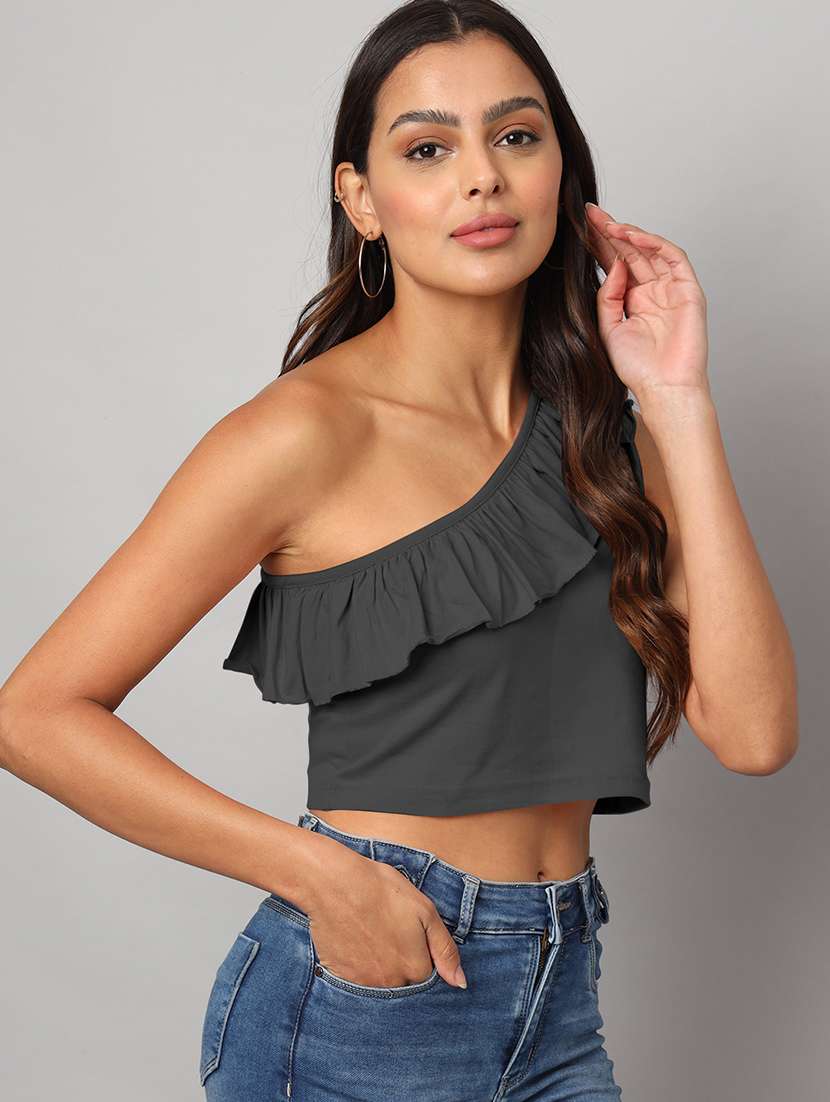 women solid single shoulder crop top - 21741219 -  Standard Image - 1
