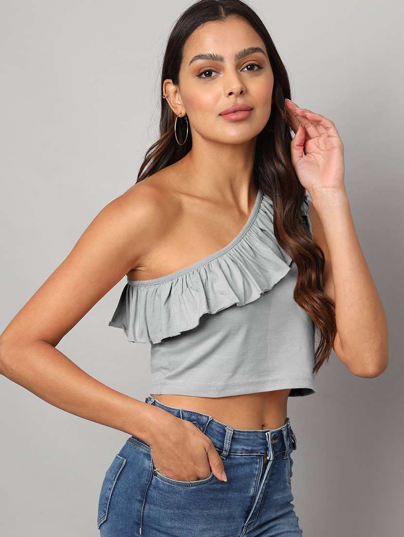 women solid single shoulder crop top - 21741220 -  Standard Image - 1
