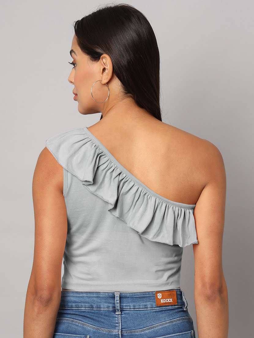 women solid single shoulder crop top - 21741220 -  Standard Image - 4