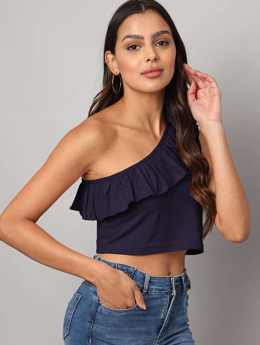 women solid single shoulder crop top - 21741222 -  Standard Image - 1