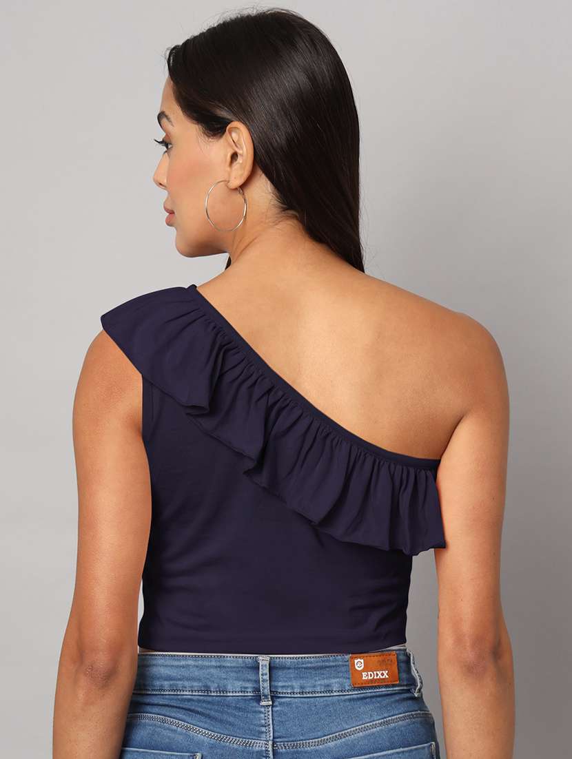 women solid single shoulder crop top - 21741222 -  Standard Image - 4