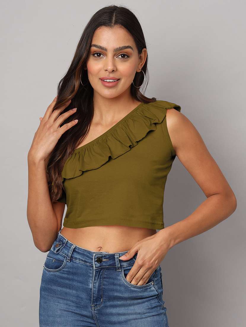 women solid single shoulder crop top