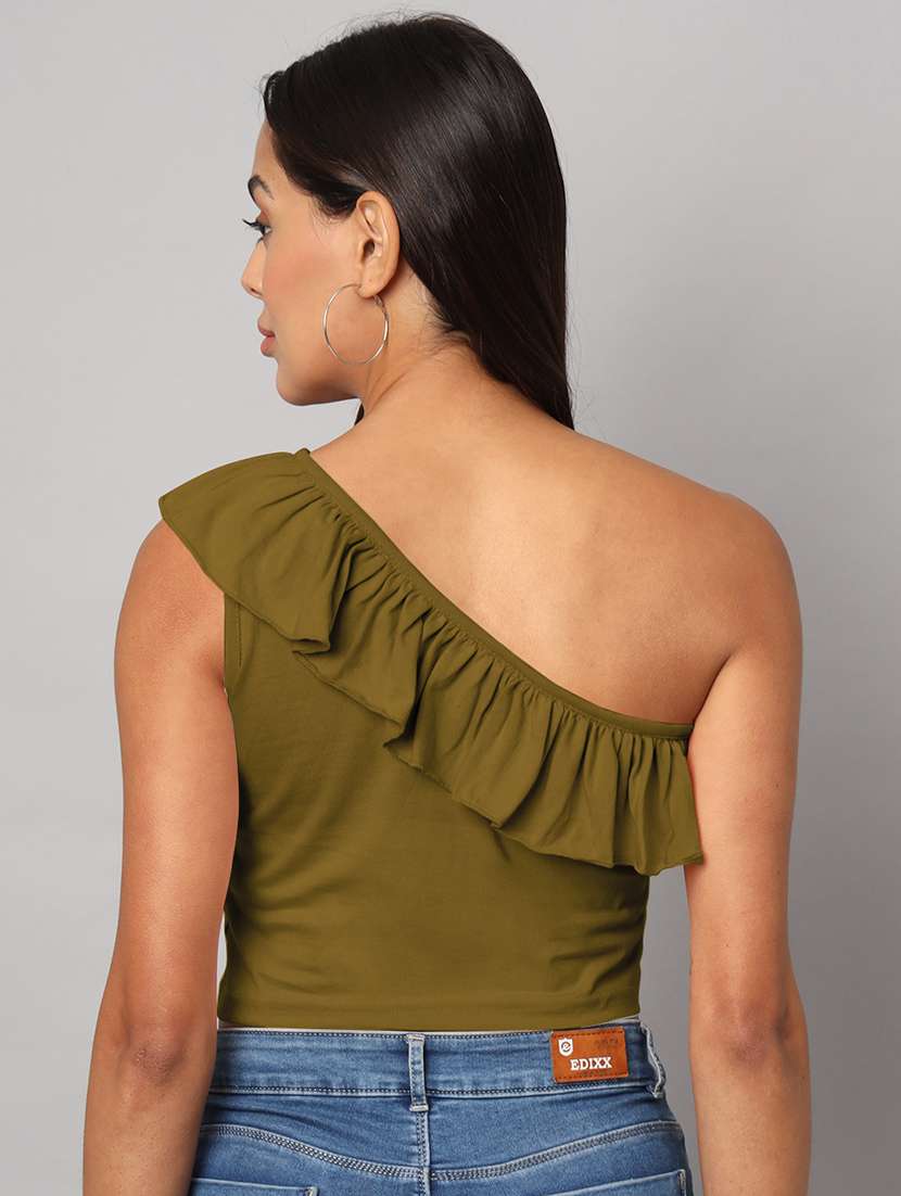women solid single shoulder crop top - 21741223 -  Standard Image - 4