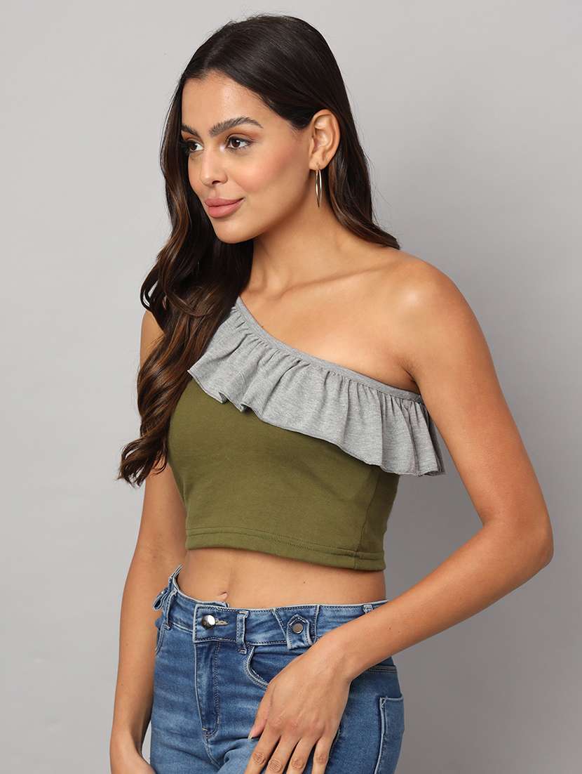 women color block single shoulder crop top - 21741224 -  Standard Image - 1