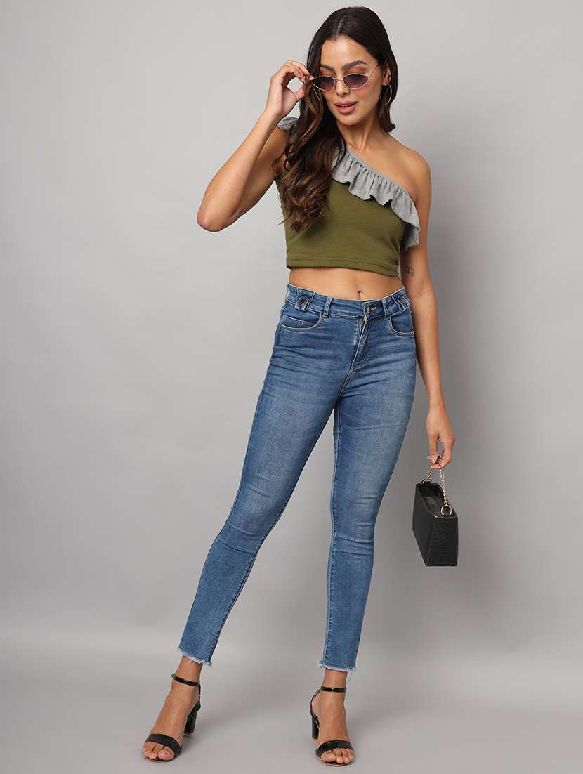 women color block single shoulder crop top - 21741224 -  Standard Image - 4