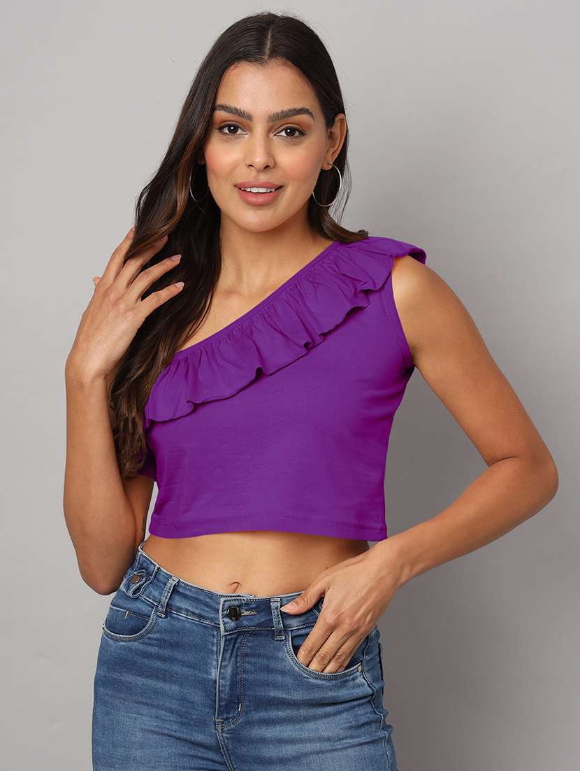 women solid single shoulder crop top