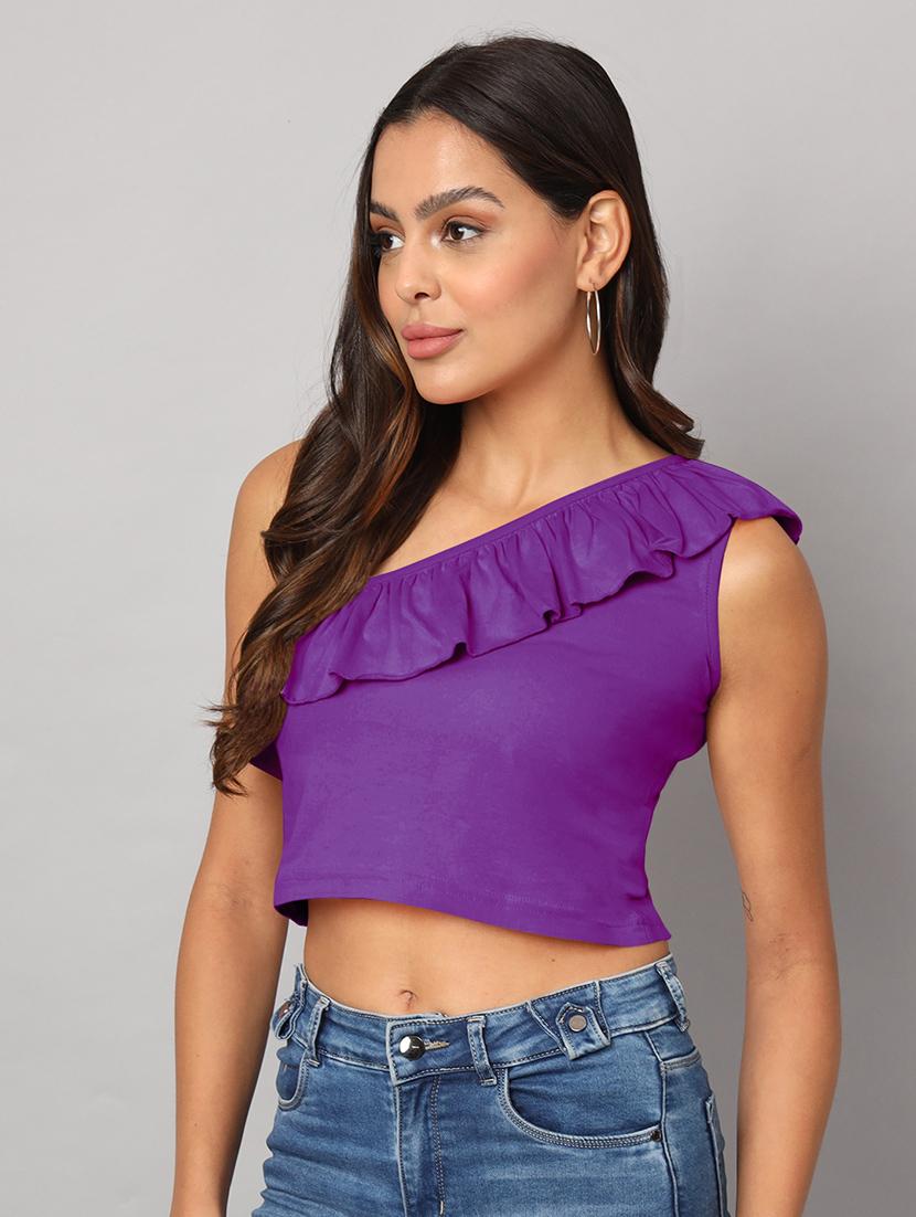 women solid single shoulder crop top - 21741226 - Standard Image - 1