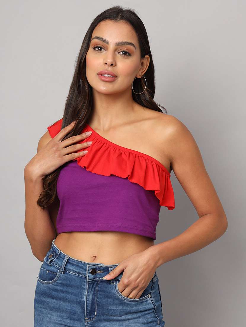 women color blocked single shoulder crop top