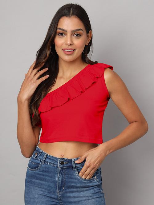 women solid single shoulder crop top - 21741228 -  Standard Image - 0