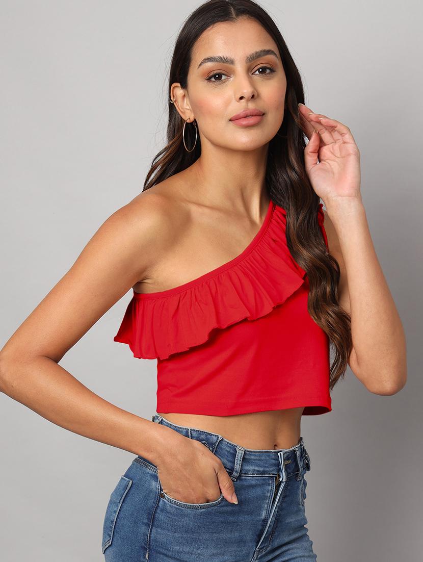 women solid single shoulder crop top - 21741228 -  Standard Image - 1