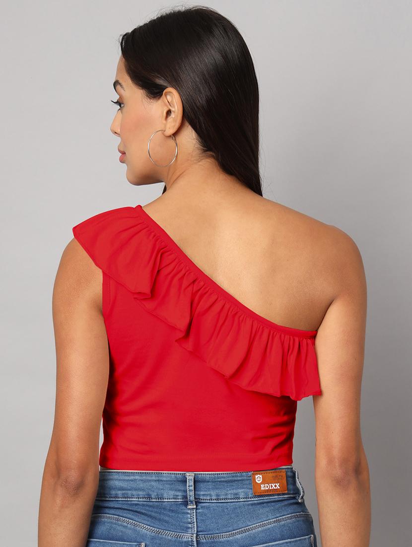 women solid single shoulder crop top - 21741228 - Standard Image - 4