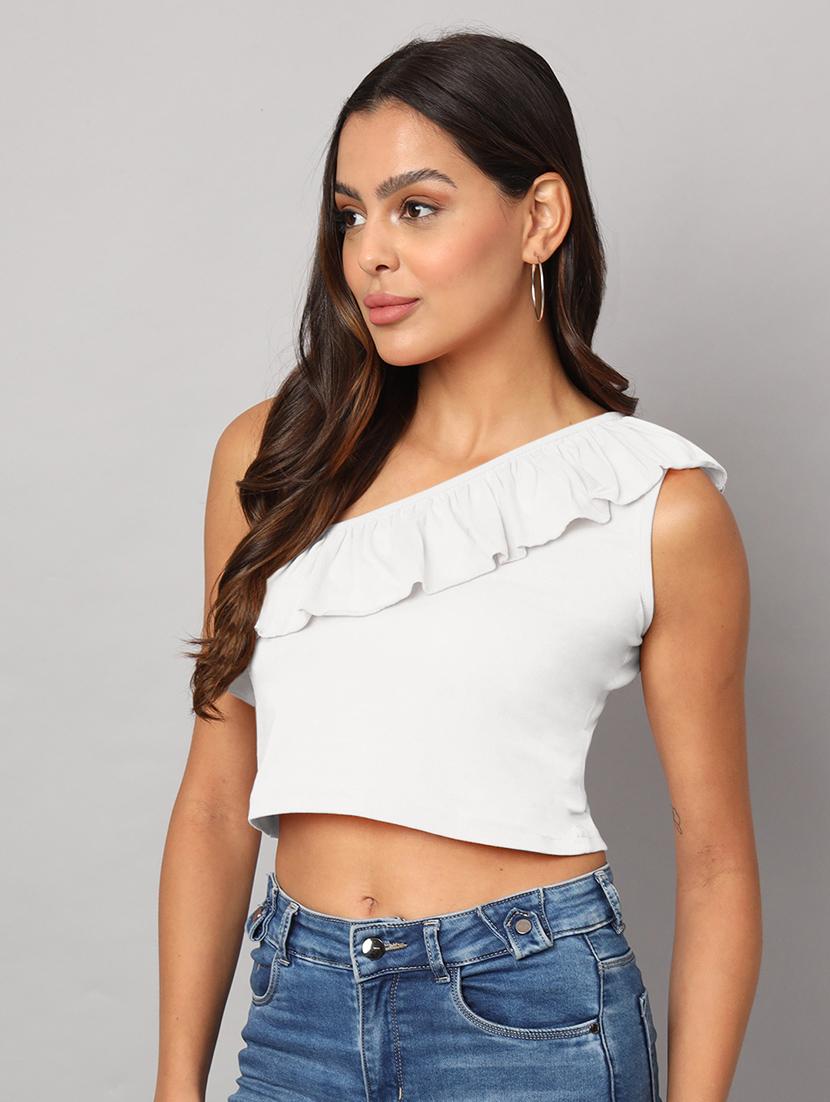 women solid single shoulder crop top - 21741229 -  Standard Image - 1