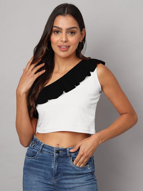 women color block single shoulder crop top - 21741230 -  Standard Image - 0