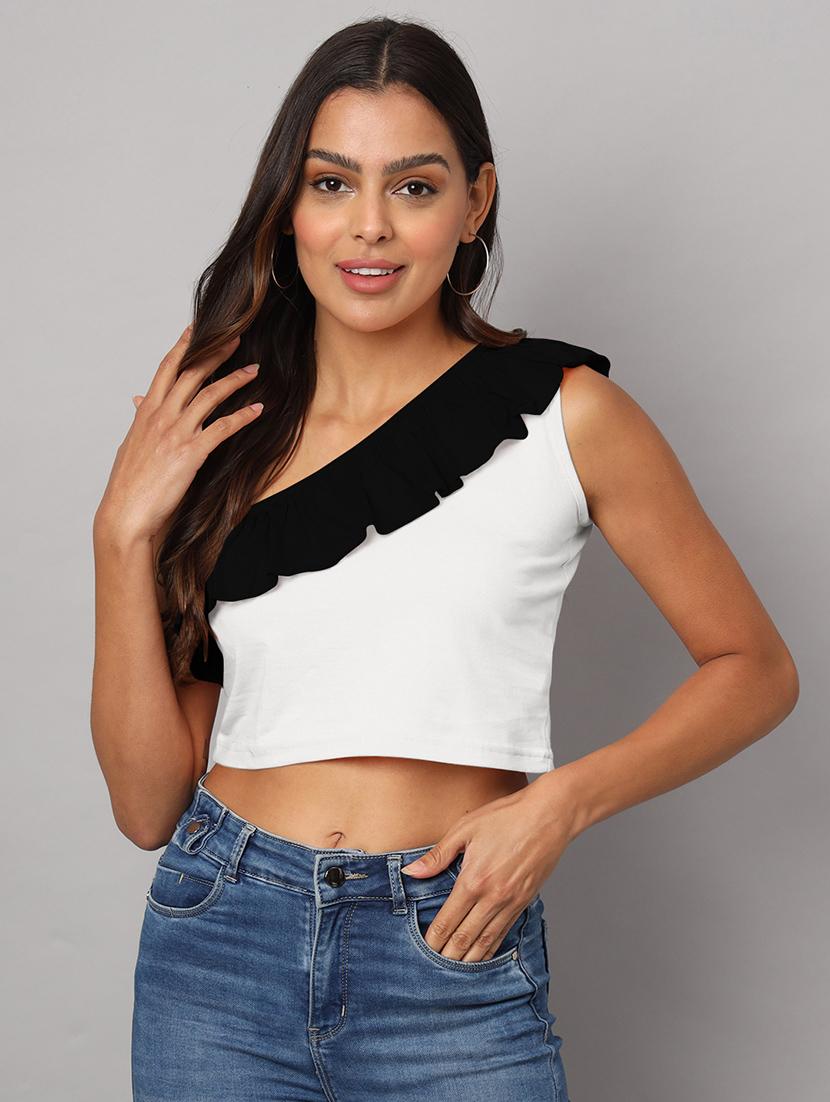 women color block single shoulder crop top - 21741230 -  Zoom Image - 0