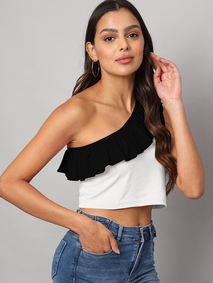 women color block single shoulder crop top - 21741230 -  Standard Image - 1