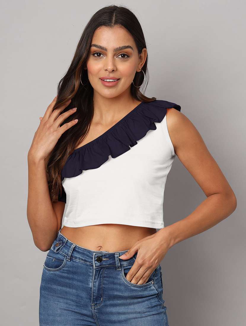 women color block single shoulder crop top